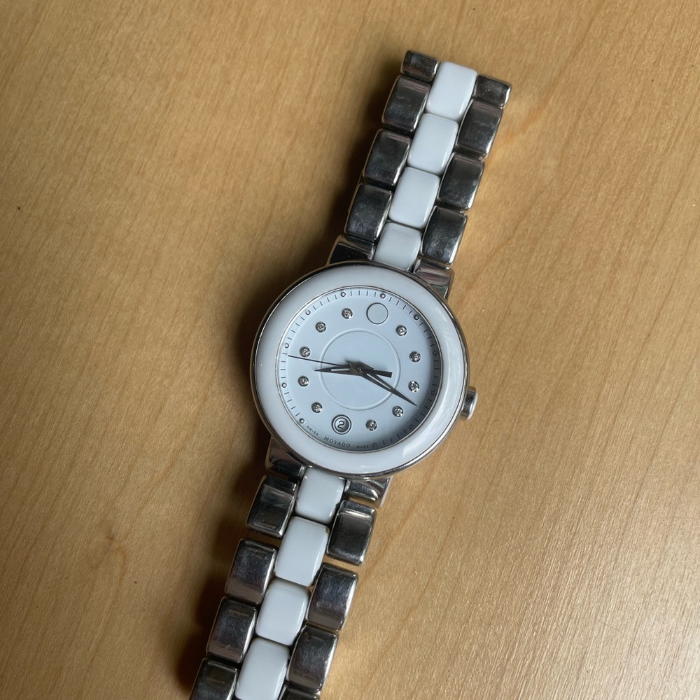 Movado Silver and White Watch with Diamonds